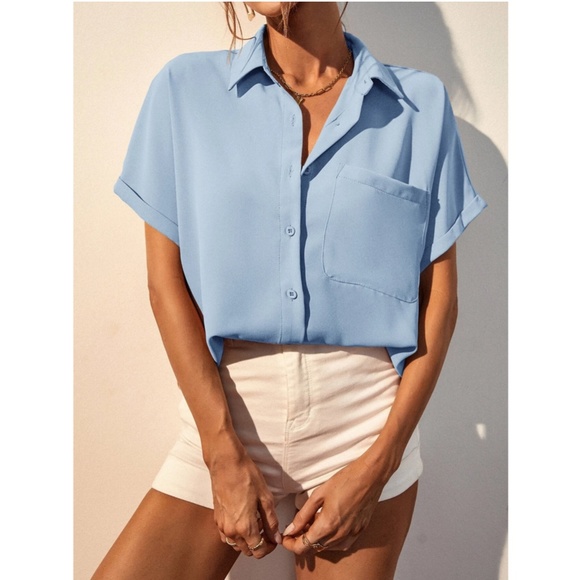 Baby Blue Casual Button Up / Down Shirt Collar, V-Neck Button Front Short Sleeve - Picture 2 of 9